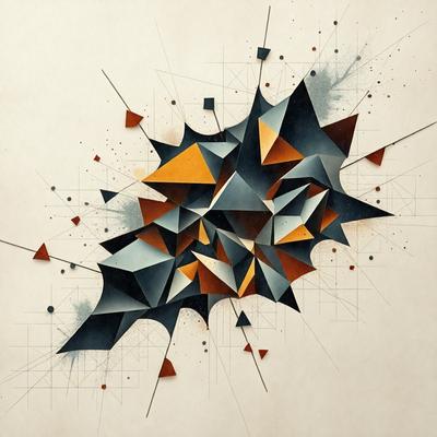 The primary subject of the image is a geometric artwork, which appears to be a digital illustration or a pattern. The setting is a white background, and the visual style is a combination of digital art and illustration. The colors and mood of the image are predominantly black and orange, creating a bold and striking appearance.